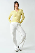 Essential Long-Sleeved Micro-Ribbed Henley Top-Mono B