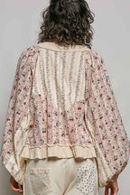 Strawberry V Neck Balloon Sleeve Floral Ruffle Woven Printed Top