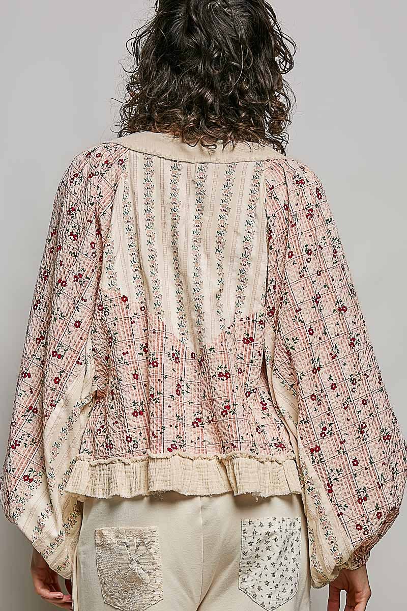 Strawberry V Neck Balloon Sleeve Floral Ruffle Woven Printed Top