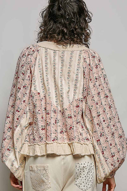 Strawberry V Neck Balloon Sleeve Floral Ruffle Woven Printed Top
