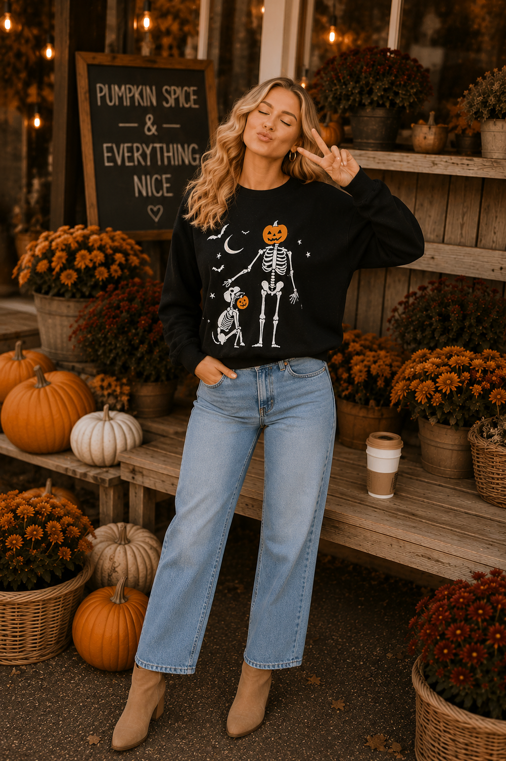 Main Strip - Halloween Pumpkin Skeleton Printed Graphic Crewneck