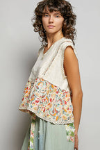 Pol Clothing - V-neck Floral Pattern Trim Ruffle Rib Knitted Sleeveless Top
