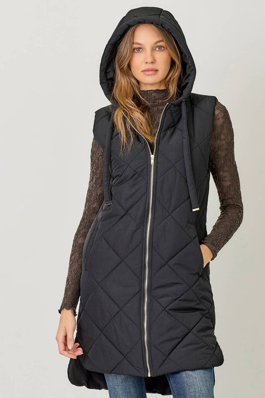 Mystree Quilted Puffer Long Hoodie Vest