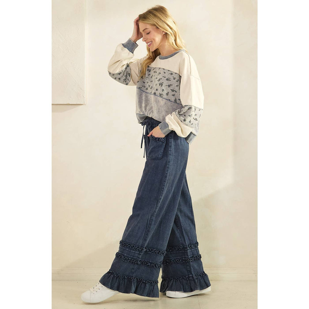 RUFFLE TRIM POCKET MINERAL WASH WIDE LEG PANTS