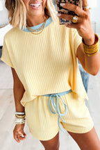 Summer Soft Ribbed Color Block Trim Casual Short Set
