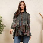 Young Threads - Vintage Floral Boho Ruffle Hem Button Down Tunic Top NEW