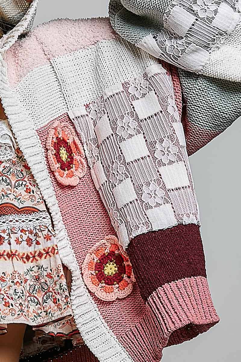 Pol Clothing - Mixed-Texture Patchwork Chenille Knit Crochet Cardigan