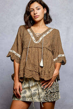 Pol Clothing - Short Sleeve Adjustable Drawstring Crochet V Neck Top