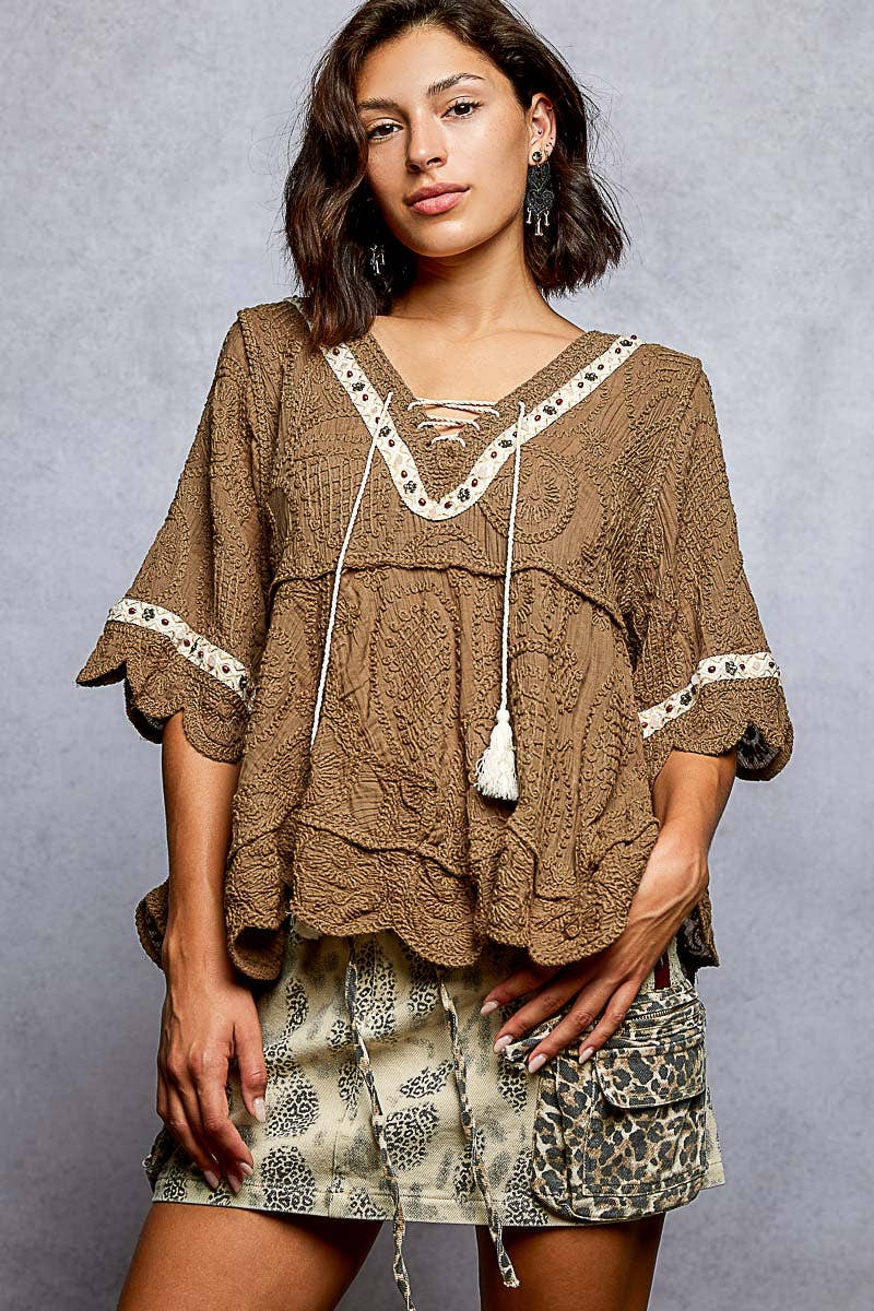 Pol Clothing - Short Sleeve Adjustable Drawstring Crochet V Neck Top