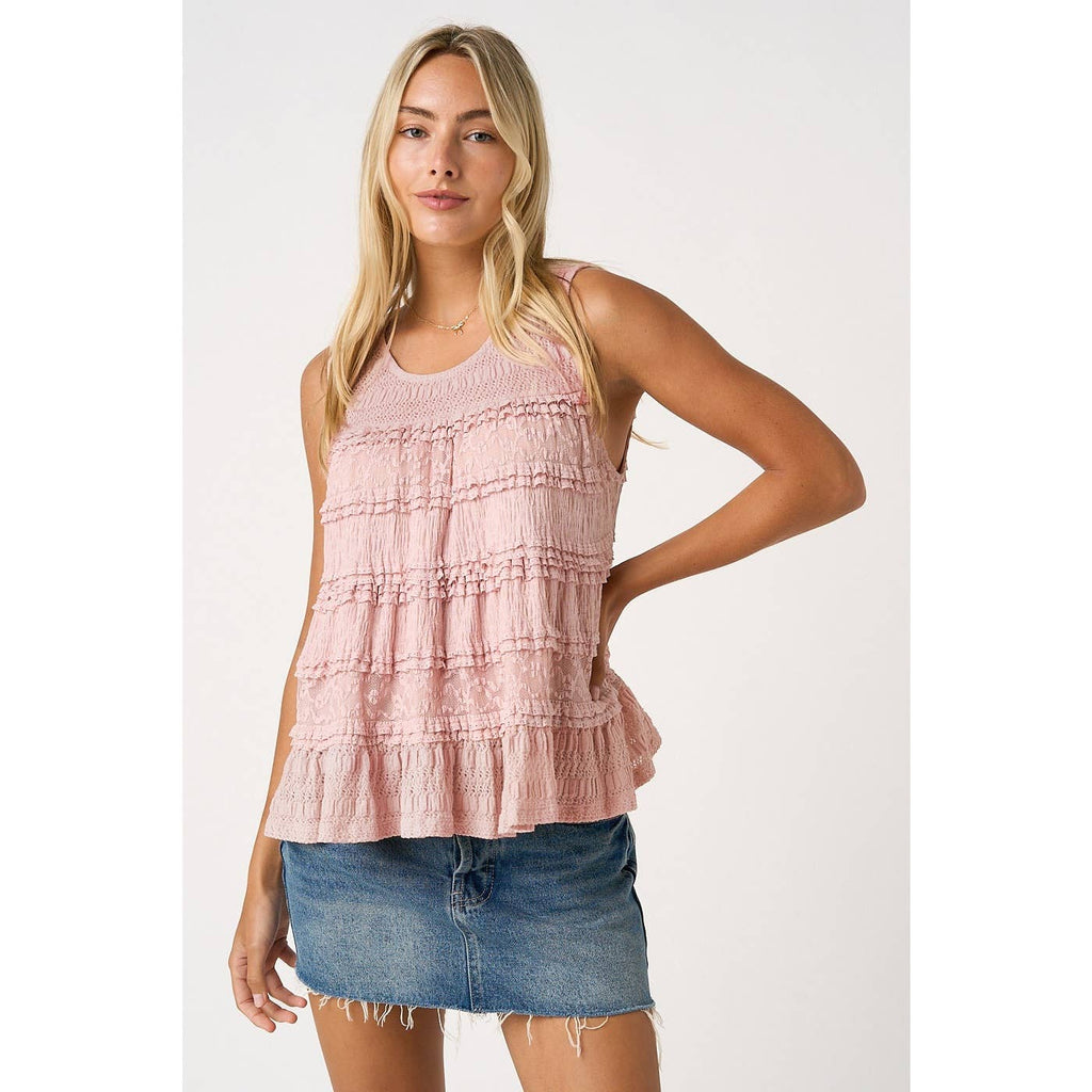 LACE TEXTURE RUFFLE TIER ROUND NECK TANK TOP