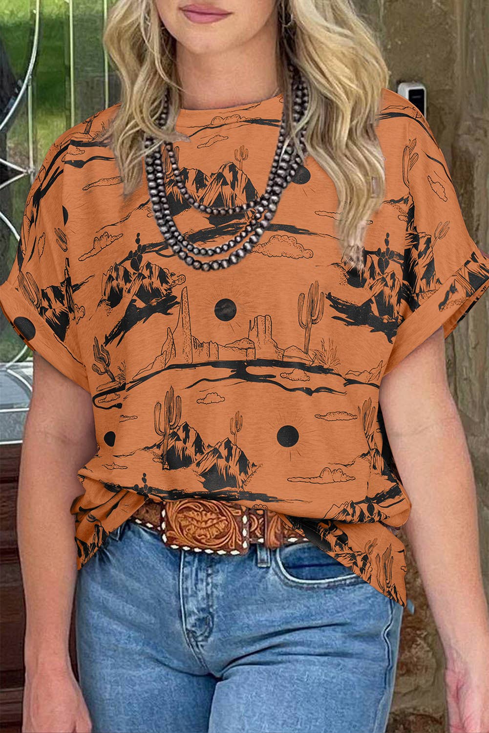 Fashion-W Western Desert Sand Print Short Sleeve Knit Top