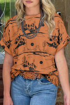 Fashion-W Western Desert Sand Print Short Sleeve Knit Top