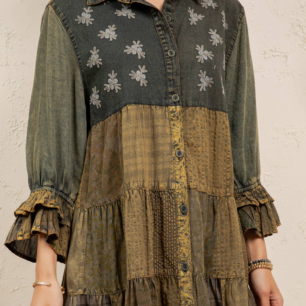 Young Threads - Boho Embroidered Floral Plaid Button-Down Top NEW