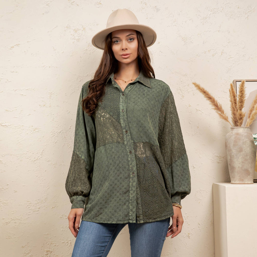 Young Threads - Vintage Washed Lace Patchwork Long Sleeve Shacket NEW