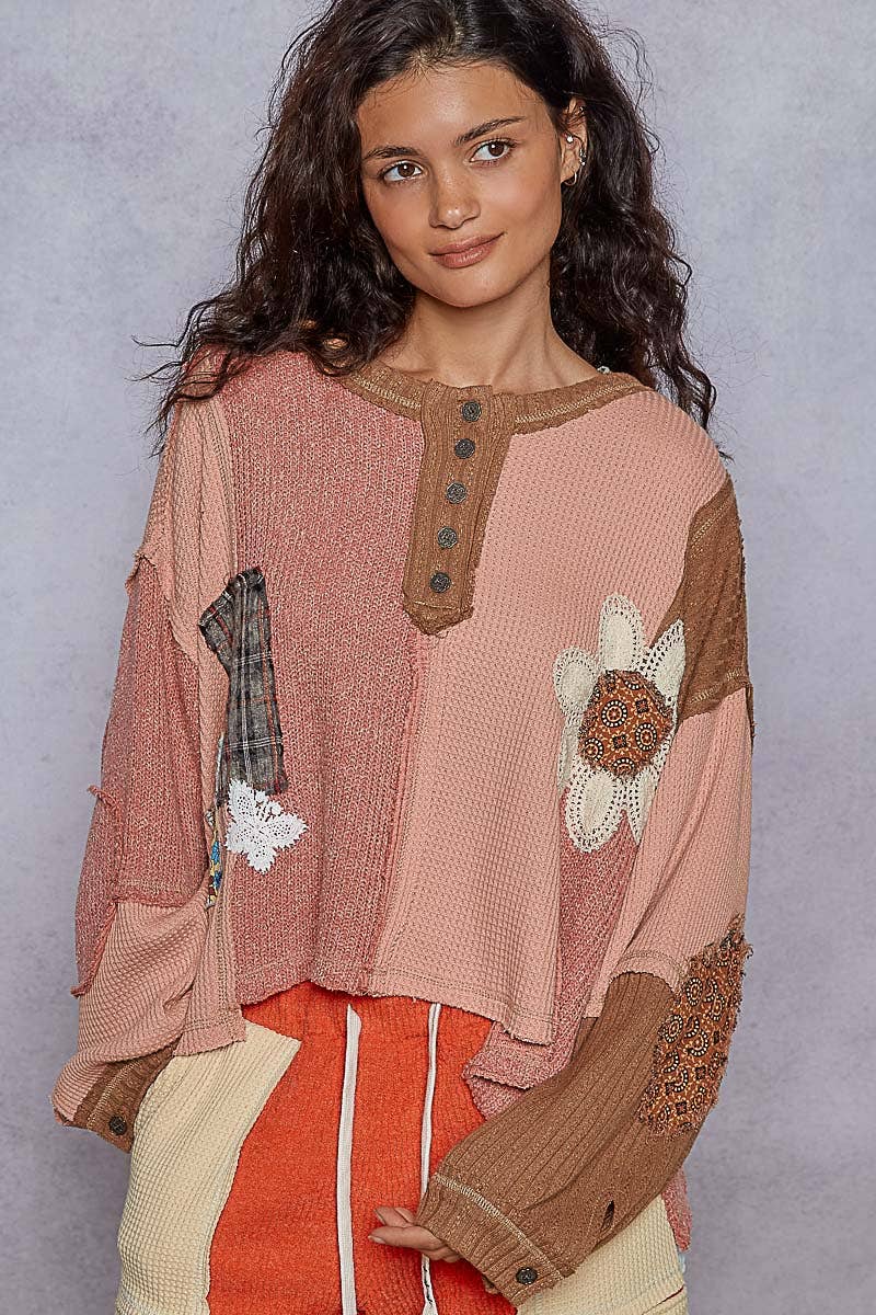 Pol Clothing - Round neck cut and sew patch oversized knit top