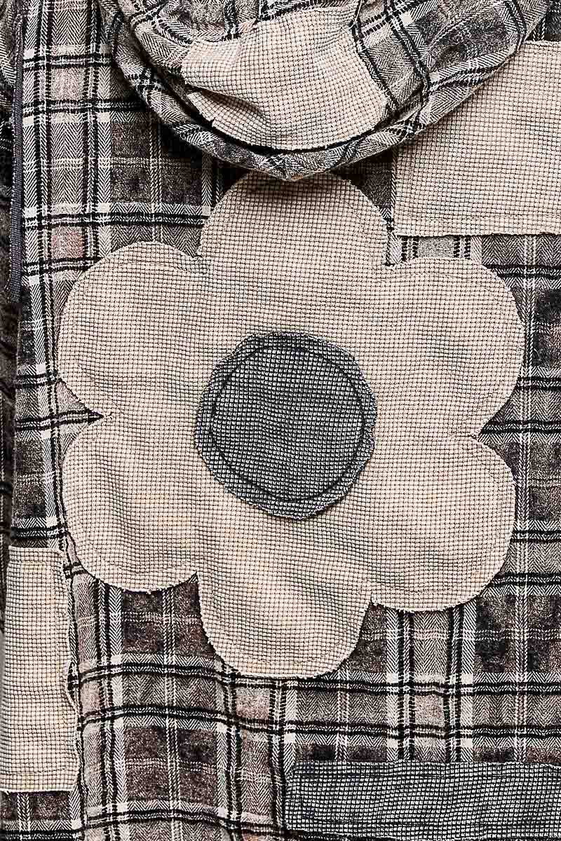 Pol Clothing - Plaid Woven Thermal Patch Floral Patchwork Hoodie Top