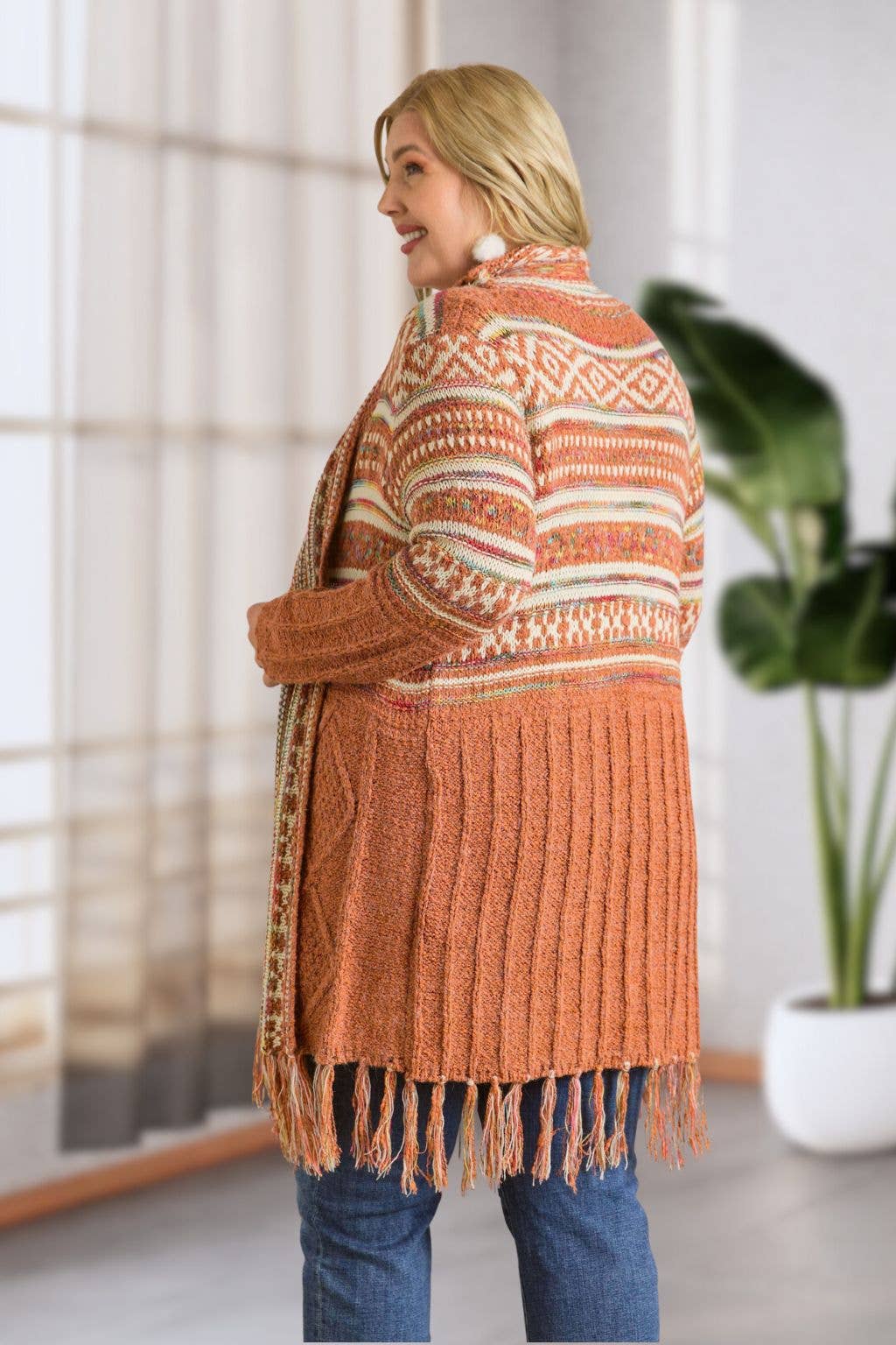 Maya PLUS FRINGE HEM AZTEC CARDIGAN