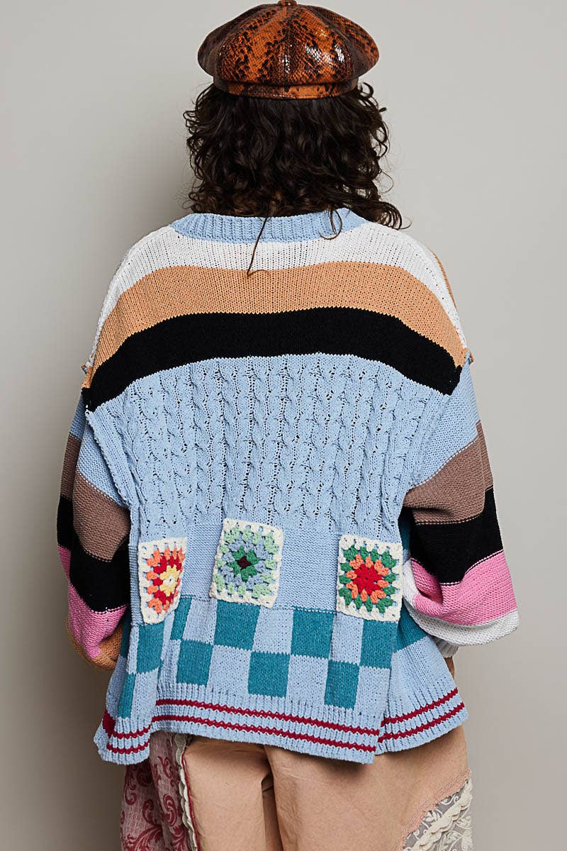 Pol Clothing - Handmade Patchwork Striped Chenille Sweater Open Cardigan