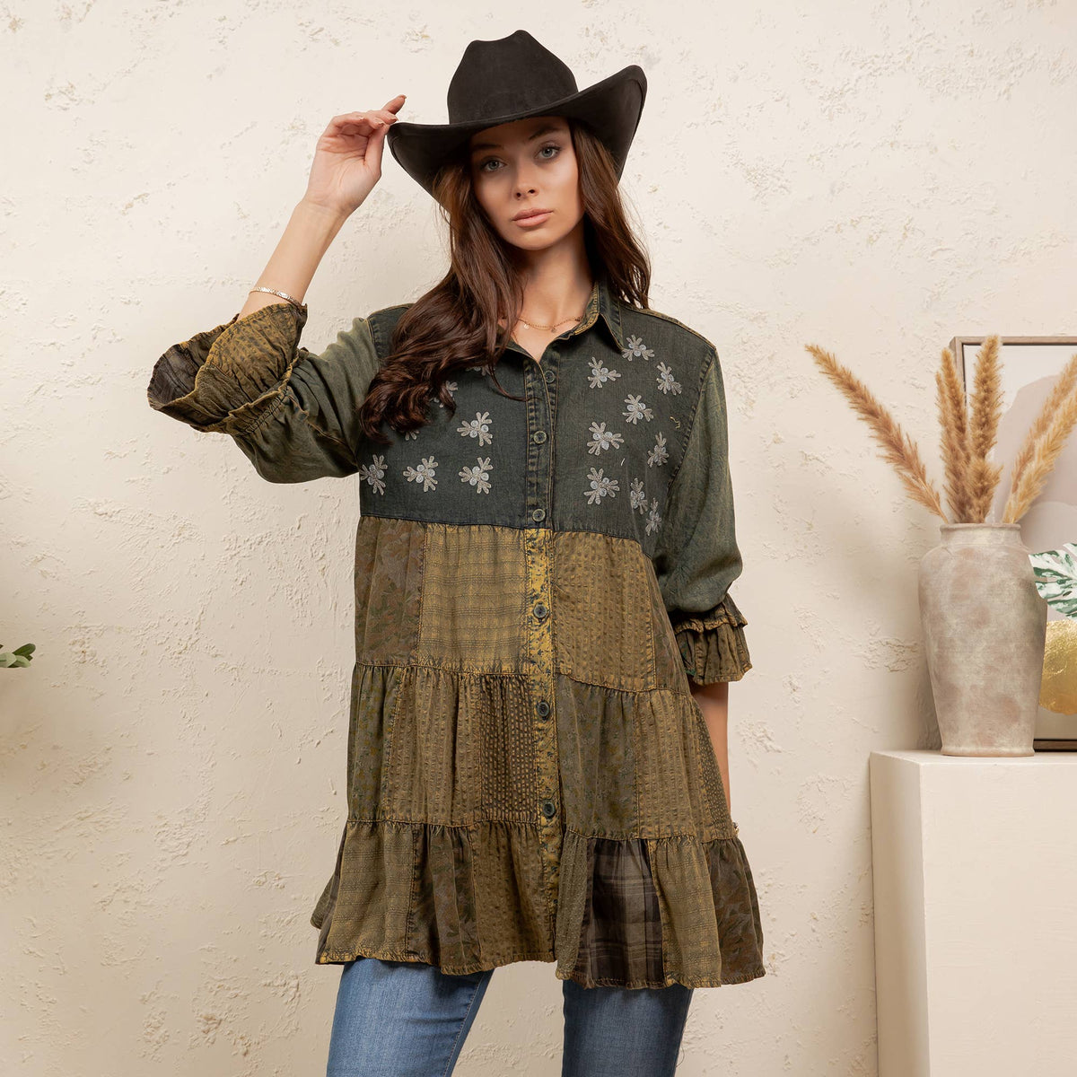 Young Threads - Boho Embroidered Floral Plaid Button-Down Top NEW