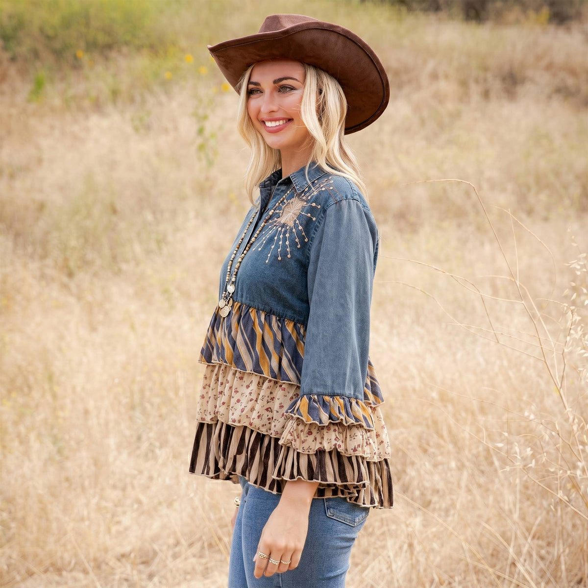 Young Threads - Vintage Boho Denim Yoke Patchwork Tiered Tunic Top  NEW