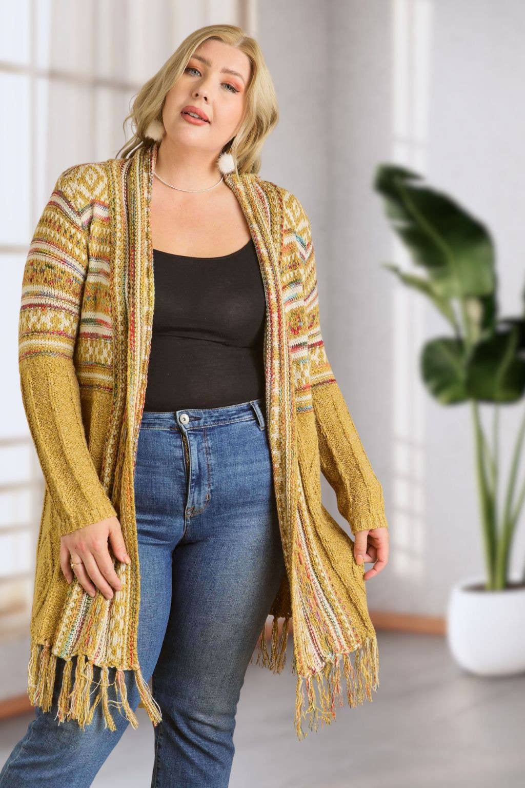 Maya PLUS FRINGE HEM AZTEC CARDIGAN