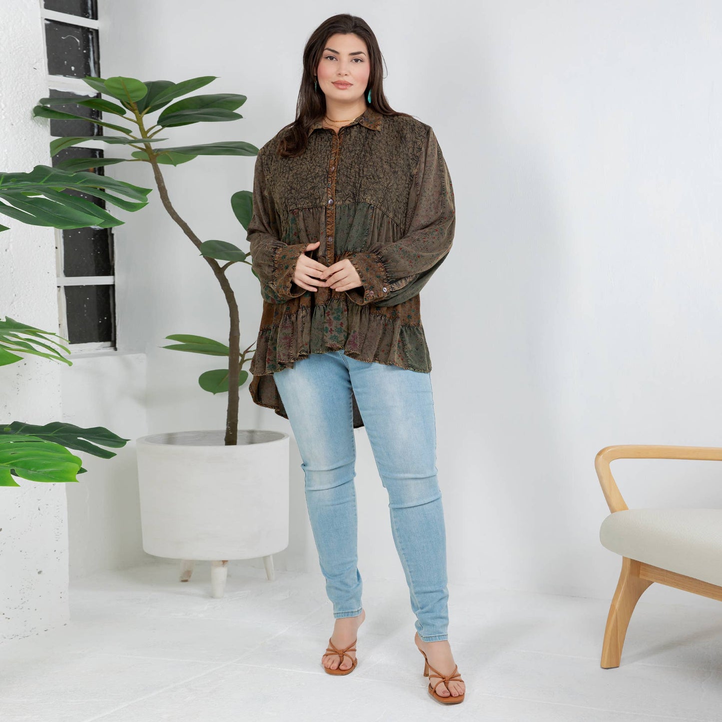 Young Threads - Front-Open Boho Shirt with Quilted Emb & Rayon Tiers
