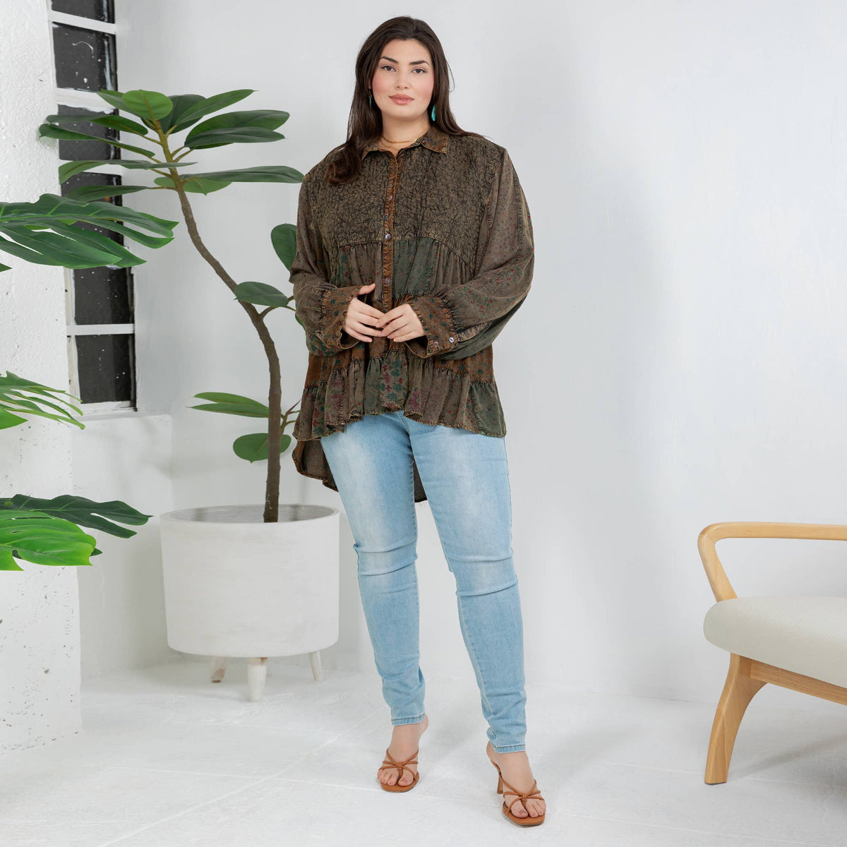 Young Threads - Front-Open Boho Shirt with Quilted Emb & Rayon Tiers