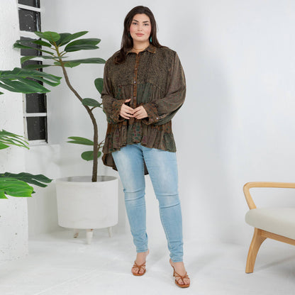 Young Threads - Front-Open Boho Shirt with Quilted Emb & Rayon Tiers