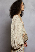 Strawberry V Neck Balloon Sleeve Floral Ruffle Woven Printed Top