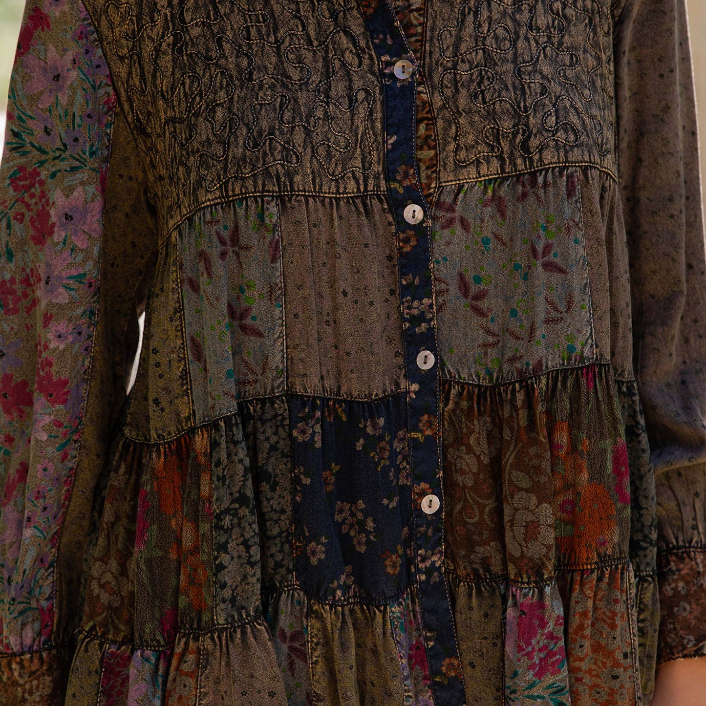 Young Threads - Front-Open Boho Shirt with Quilted Emb & Rayon Tiers