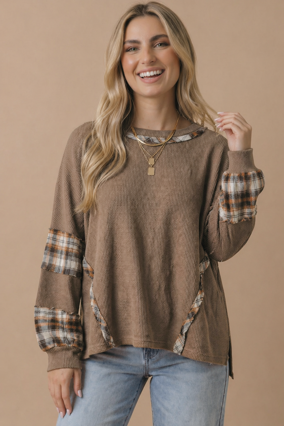 Haptics - Oversized Plaid Contrast Thermal Knit Top