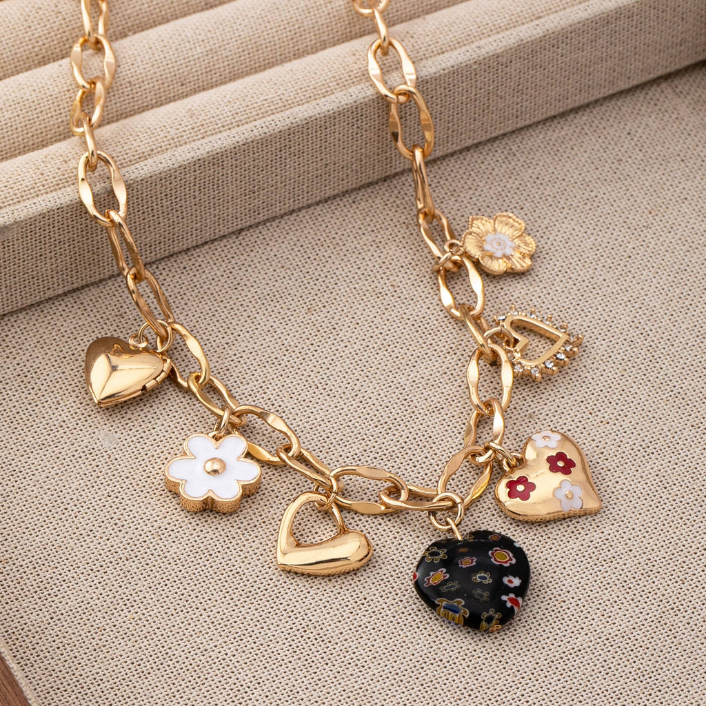 CHARM NECKLACE-HEARTS FLOWER  RHINESTONE