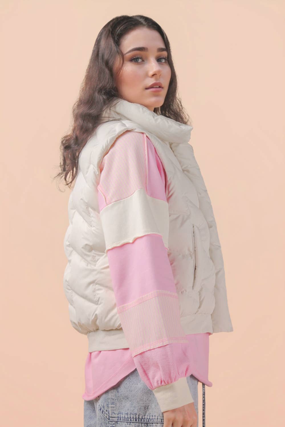 Bermie Mock Neck Casual Zigzag Quilted Puffer Vest