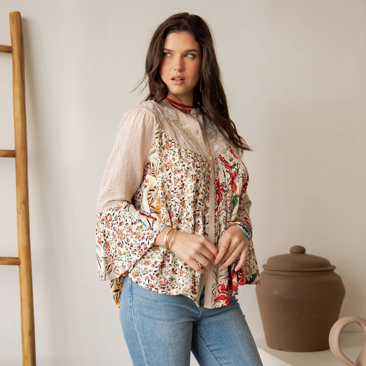 Vintage-Inspired Floral Emb Button-Down Boho Tunic Top NEW