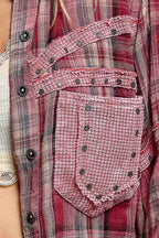Pol Clothing - Plaid Mixed-Fabric Thermal Patch Studded Raw Edge Shirt
