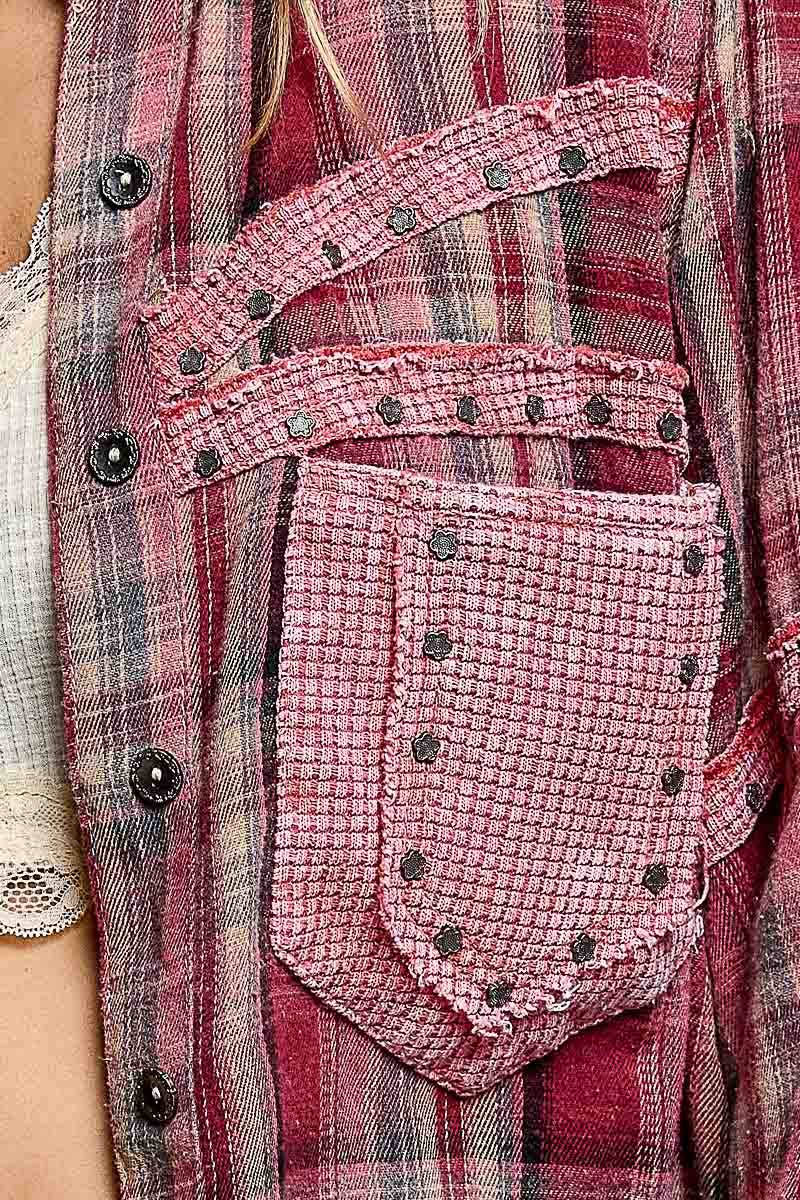 Pol Clothing - Plaid Mixed-Fabric Thermal Patch Studded Raw Edge Shirt