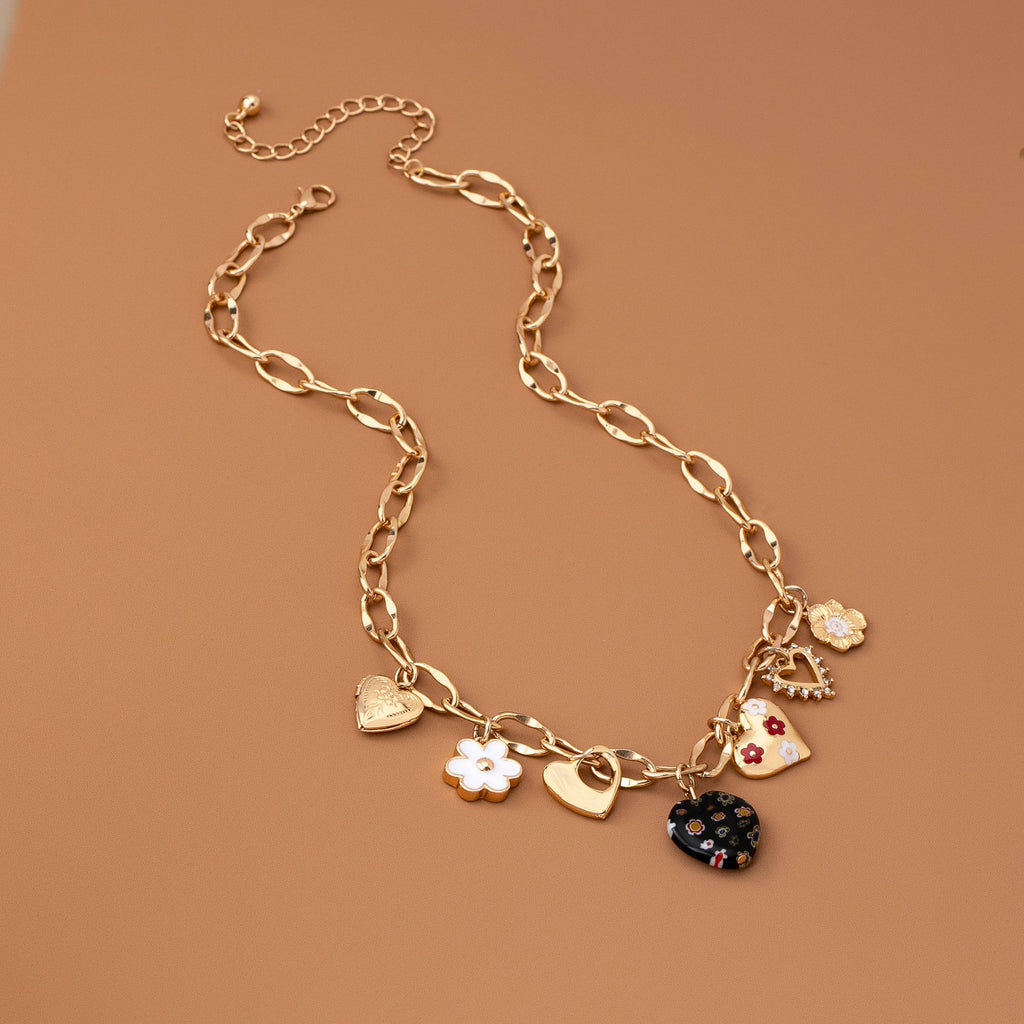 CHARM NECKLACE-HEARTS FLOWER  RHINESTONE