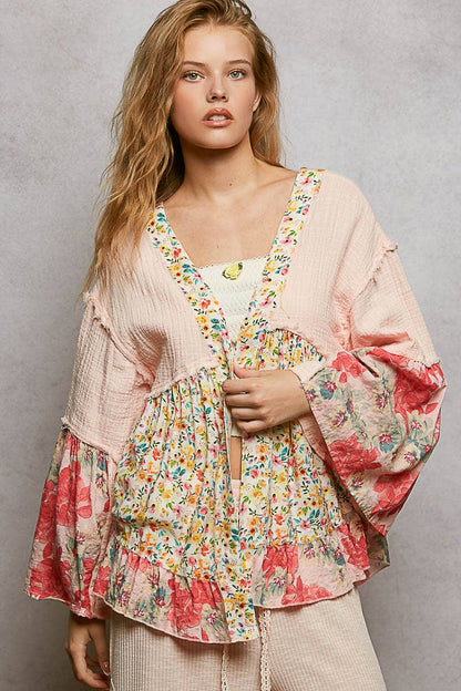 Pol Clothing - Double Gauze Floral Roomy Fit Open Cardigan with V-Back