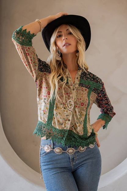 Young Threads - Earthy Boho Button Down Cropped Shirt