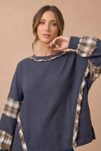 Haptics - Oversized Plaid Contrast Thermal Knit Top