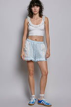 Pol Clothing - Boho Floral Knit Waistband Lace Patch Ruffle Shorts