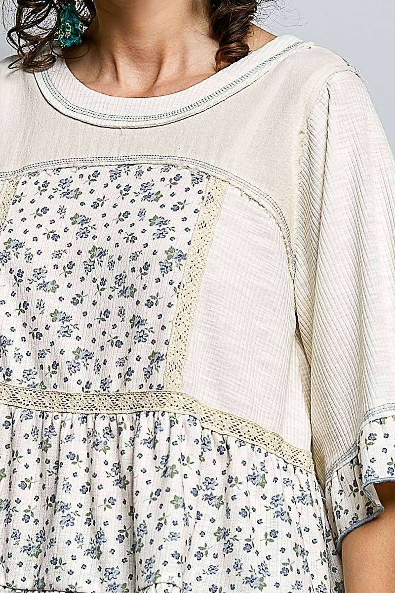 Pol Clothing - Round Neck Floral Patchwork Ruffle Hem 3/4 Sleeve Top