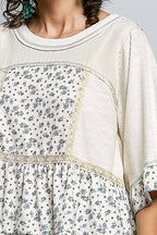 Pol Clothing - Round Neck Floral Patchwork Ruffle Hem 3/4 Sleeve Top