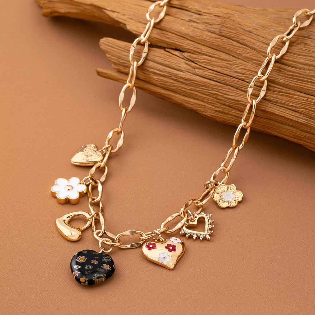 CHARM NECKLACE-HEARTS FLOWER  RHINESTONE