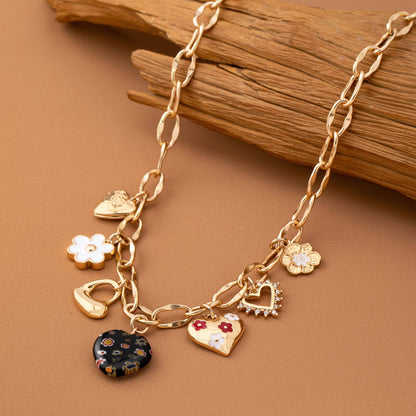 CHARM NECKLACE-HEARTS FLOWER  RHINESTONE