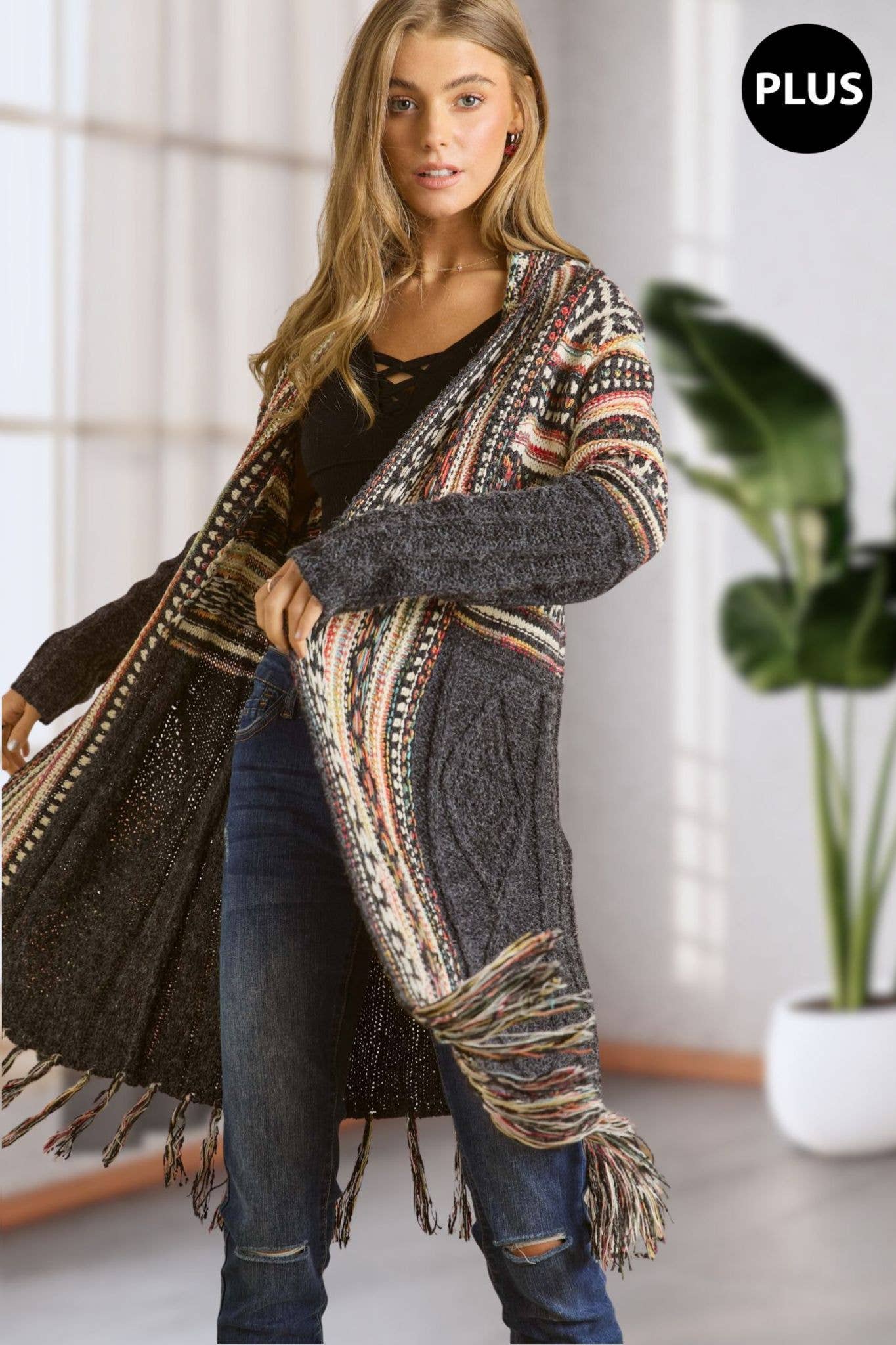 Maya PLUS FRINGE HEM AZTEC CARDIGAN