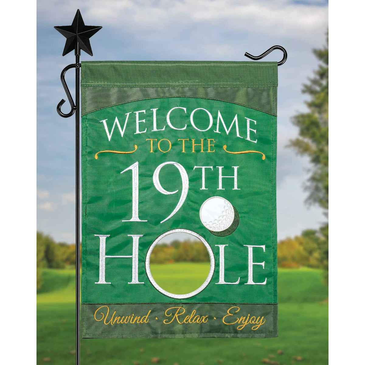 WELCOME 19TH HOLE BURLAP GARDEN DOUBLE APPLIQUE