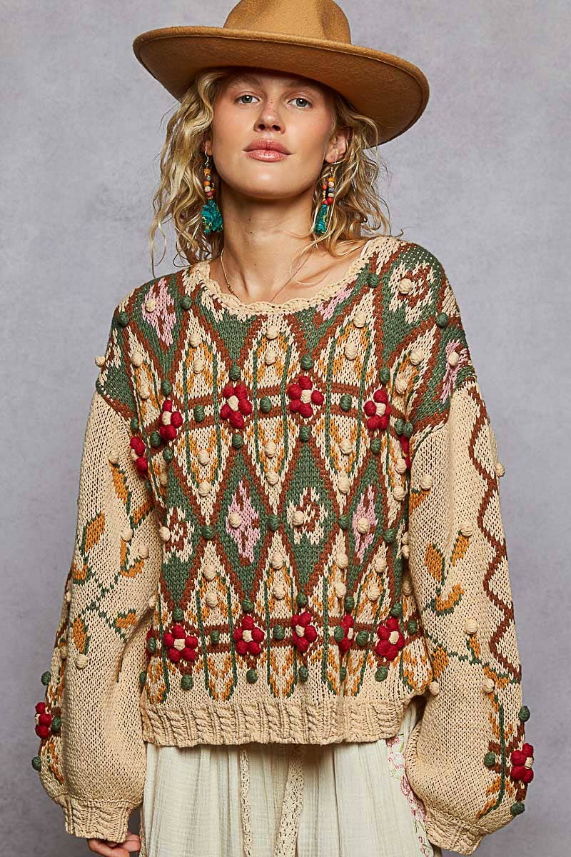Pol Clothing - Scoop neck Aztec pattern 3D floral detail sweater top