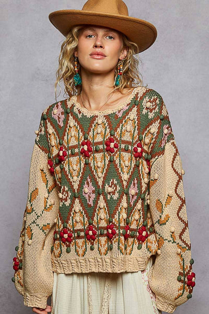 Pol Clothing - Scoop neck Aztec pattern 3D floral detail sweater top