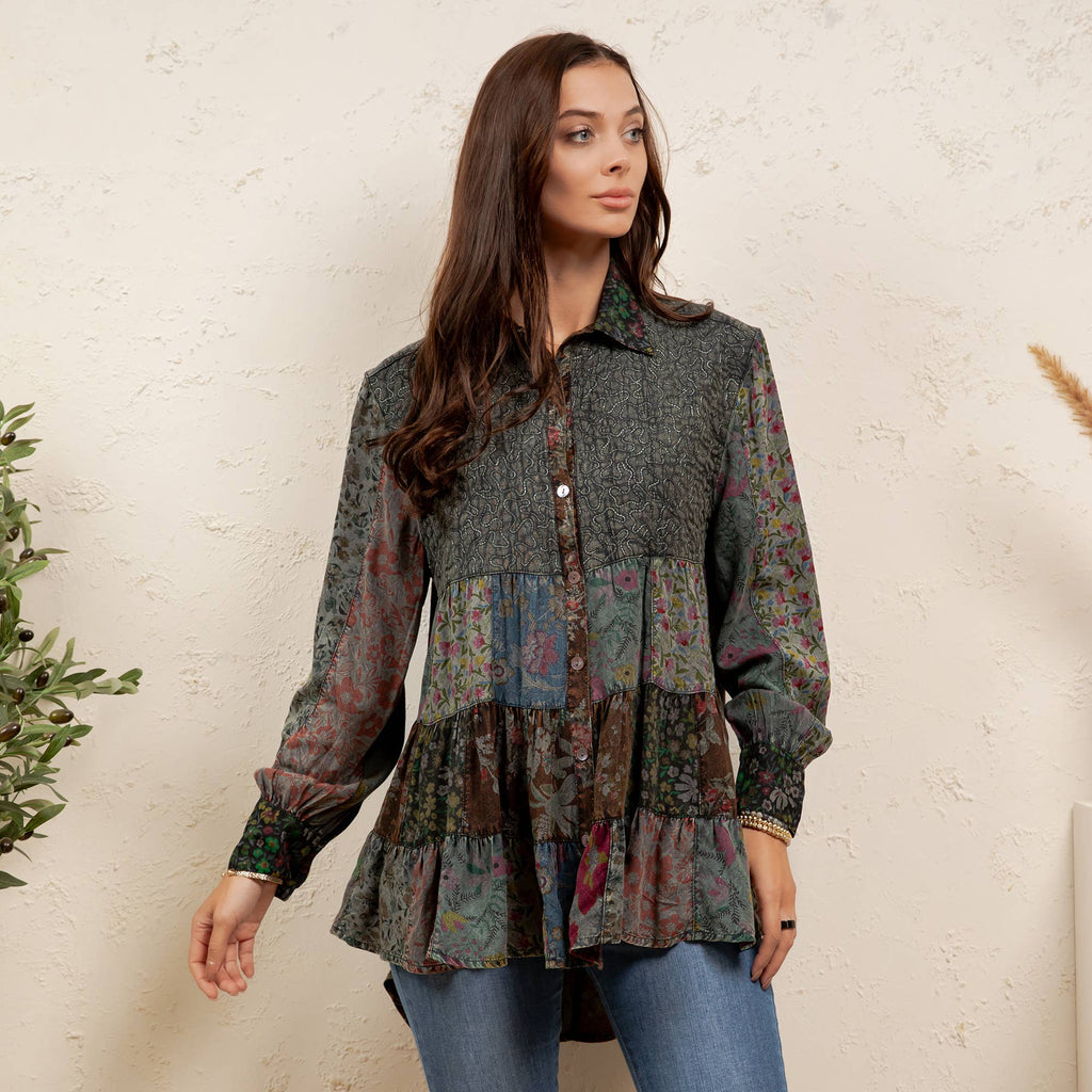 Young Threads - Vintage Floral Boho Ruffle Hem Button Down Tunic Top NEW